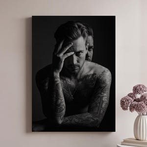 Tattooed Man Canvas Wall Art, Black and White Portrait Photography, Framed Emotional Male Print for Bold Modern or Artistic Home Decor