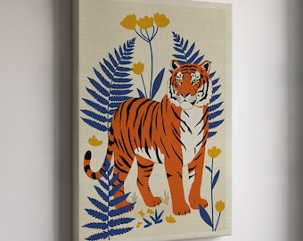 Lienzo decorativo de tigre, arte mural de animales llamativos, lámina moderna de naturaleza, decoración vibrante de vida silvestre, arte exótico de tigre, decoración para el hogar inspirada en la jungla
