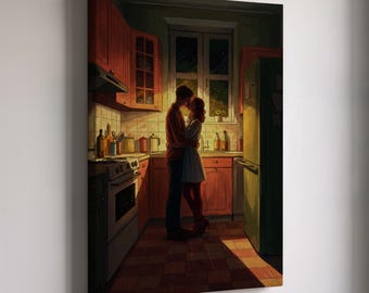 Romantic Kitchen Couple Wall Art, Intimate Love Canvas Print, Couple Hugging in Kitchen Decor, Anniversary Gift, Cozy Romantic Home Wall Art