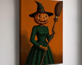 Halloween Pumpkin Witch Canvas, Spooky Broomstick Art, Pumpkin Head Witch Print, Fall Halloween Decor for Living Room, Bedroom or Gift