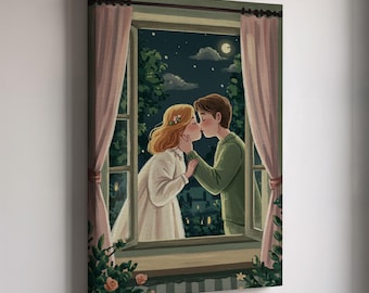 Romantische koppel kus bij raam canvas muurkunst, maanlicht liefde decor, huwelijksverjaardag cadeau voor koppels, intieme slaapkamer print