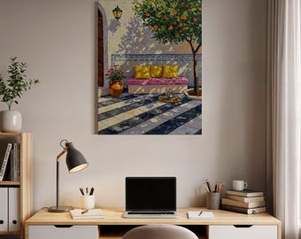 Mediterranean Garden Canvas Wall Art, Sunlit Courtyard with Orange Tree and Bench, Framed Painting Gift for Cozy Outdoor-Inspired Decor