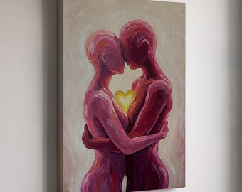 Romantic Couple Embrace Canvas, Intimate Love Painting with Heart Glow, Valentine’s Day Wall Art, Anniversary Gift for Lovers Decor
