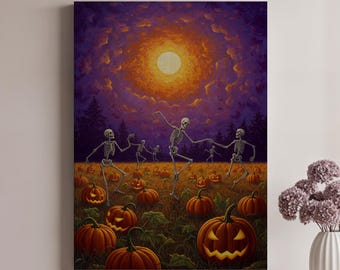Dancing Skeletons, Pumpkin Field Halloween Canvas Wall Art, Spooky Full Moon Skeleton Dance Print, Gothic Pumpkin Patch Wall Decor