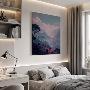 Mountain Adventure Landscape Canvas Art, Hikers on a Trail with Scenic View, Digital Illustration, Framed Wall Art for Nature Lovers