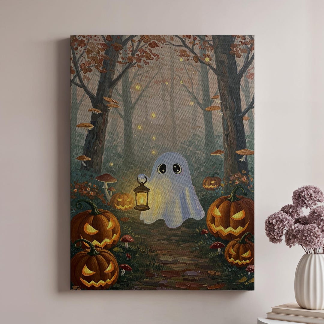 Ghost With Lantern Halloween Canvas Wall Art, Spooky Jack O Lantern ...