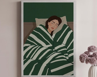Cozy Sleep Canvas Art, Minimalist Bedroom Art Print, Relaxing Girl Illustration, Modern Home Decor, Green Striped Bedding Art