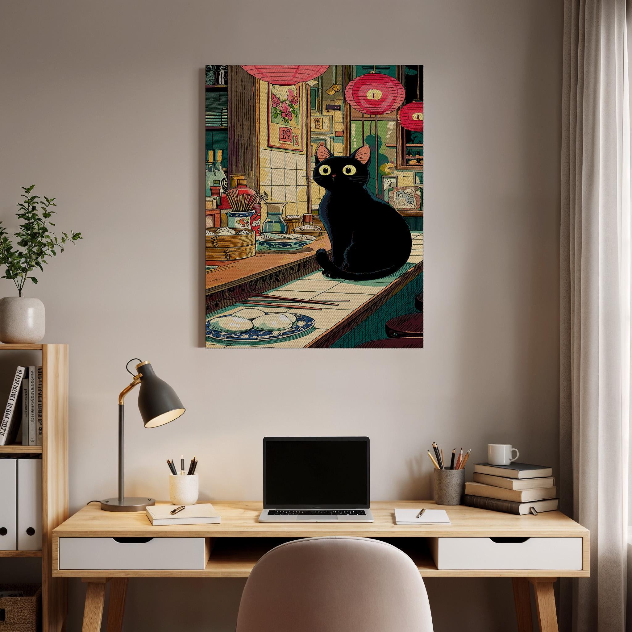 Black Cat Ramen Shop Canvas Wall Art, Whimsical Japanese Night Scene ...