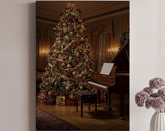 Christmas Tree Canvas Wall Art, Grand Piano Holiday Scene, Cozy Winter Canvas for Living Room, Holiday Decor or Gift for Music Lovers