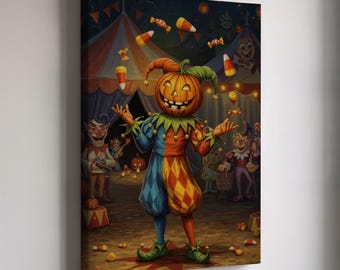 Halloween pompoennar canvas muurkunst, print spookachtige circusclown, kleurrijk spookachtig carnaval decor voor woonkamer, kinderkamer of cadeau