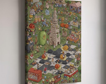 May include: A whimsical, colorful canvas print depicting a detailed, cartoonish scene. The artwork features a checkerboard with snails playing checkers, a tall tower, and various characters in a park-like setting. The text "WHERE'S MUFFIN?" is visible.