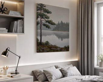 Landscape Canvas Art, Nature Wall Decor, Framed Lake Painting, Forest Canvas Print, Modern Wall Art, Large Nature Decoration
