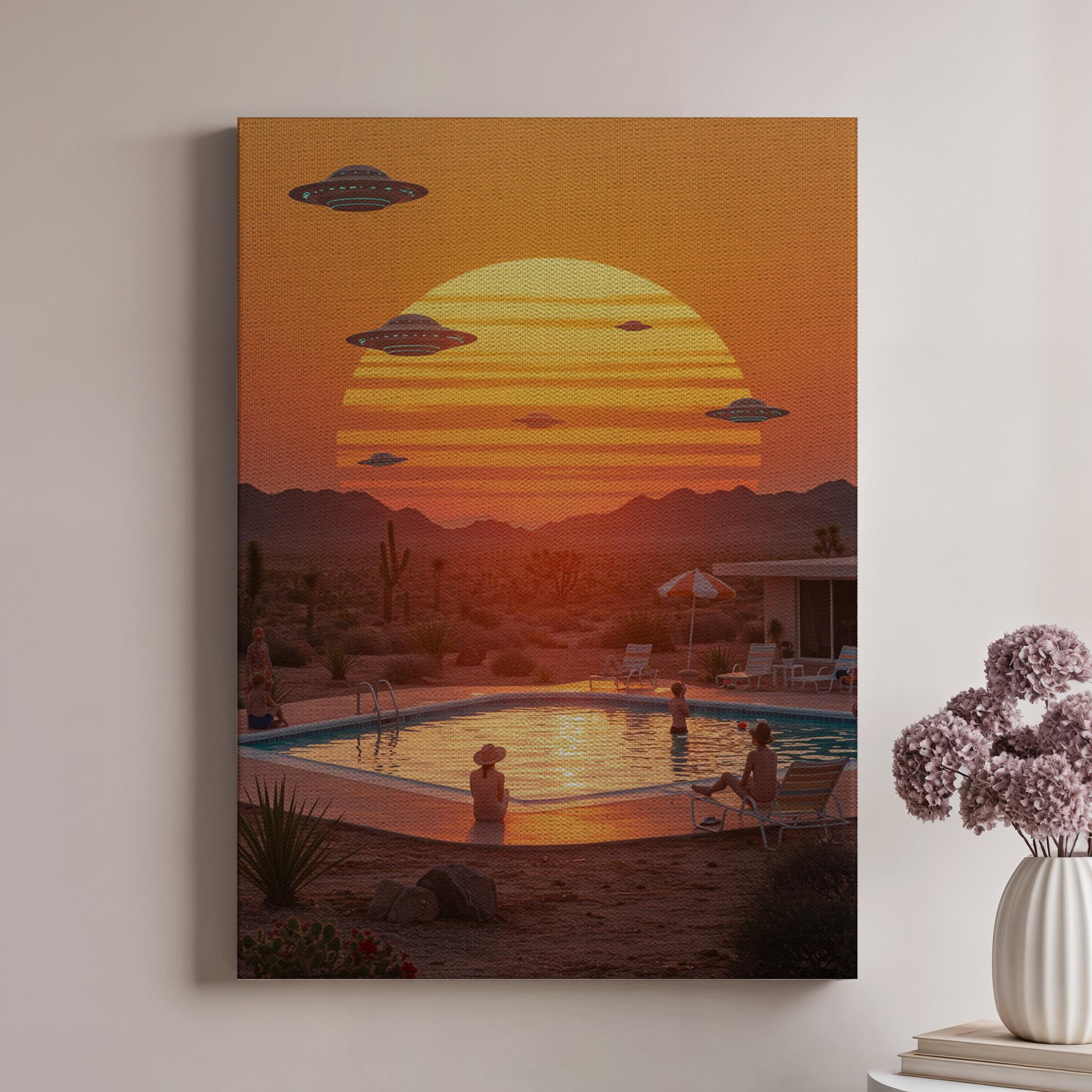 Framed Surreal Sunset Pool Canvas Wall Art, Retro Desert Scene With ...