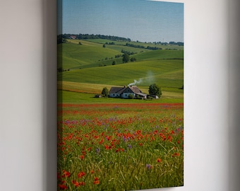 Lienzo impreso con paisaje de casa de campo, arte mural de prado de flores silvestres en flor para decoración rústica de granja, obra de arte inspirada en la naturaleza para el hogar