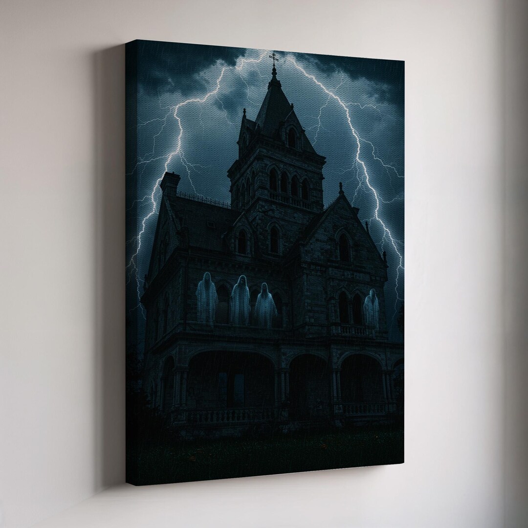 Haunted Gothic Mansion Canvas Wall Art, Dark Storm Lightning and Ghosts ...