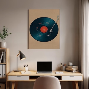Vinyl Record Canvas Wall Art, Surreal Turntable with Koi Fish, Artistic Music-Inspired Print, Framed Modern Gift for Audiophile Decor