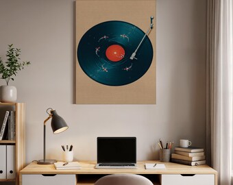 Vinylplaat canvas muurkunst, surrealistische draaitafel met koivissen, artistieke muziek geïnspireerde print, ingelijst modern cadeau voor audiofiel decor