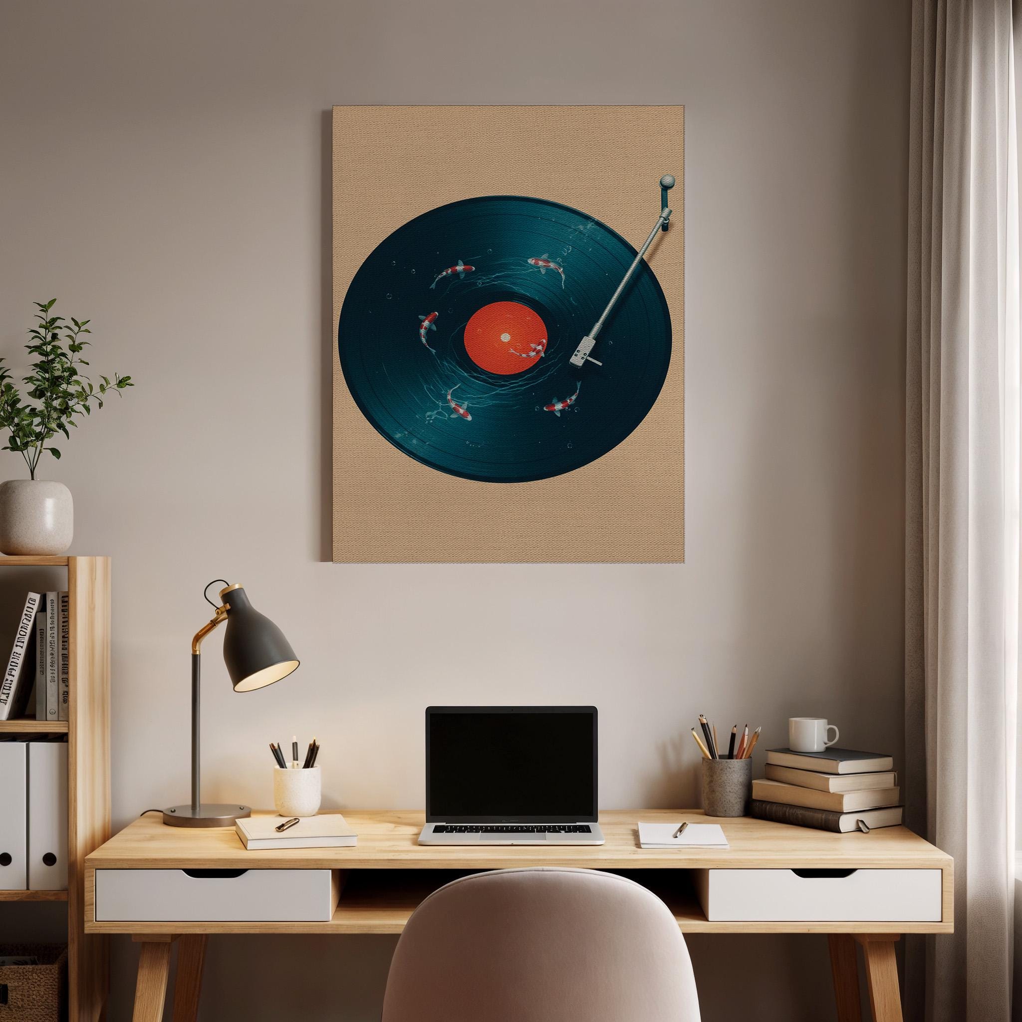 Vinyl Record Canvas Wall Art, Surreal Turntable With Koi Fish