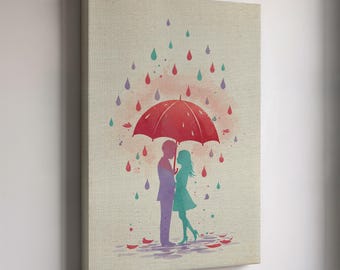 Romantic Couple Under Umbrella Canvas Wall Art, Love in the Rain Print, Anniversary Gift, Wedding Home Decor, Romantic Couple Artwork