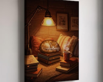 Könnte beinhalten: Gemütliche Illustration einer schlafenden, orange-weiß getigerten Katze auf einem Bücherstapel. Eine warme Lampe beleuchtet die Szene, daneben eine Kaffeetasse. Kissen und gerahmte Bilder tragen zur einladenden Atmosphäre bei. Das Kunstwerk vermittelt Geborgenheit.