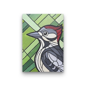 Woodpecker Acrylic Painting Original Art in Stained Glass Art Style | Bird Lover Gift | Woodland Birds Art | Birdwatcher Present