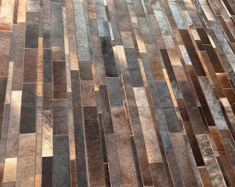 Handmade Brown Cowhide Patchwork Rug, Modern Leather Floor Decor