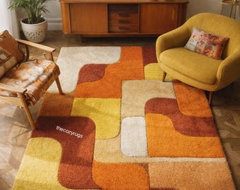 Retro Geometric Tufted Rug | 70s Style, Orange & Yellow