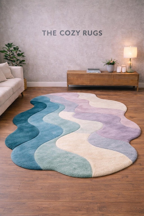 Abstract Wavy Tufted Area Rug | Pastel Modern Handmade Carpet