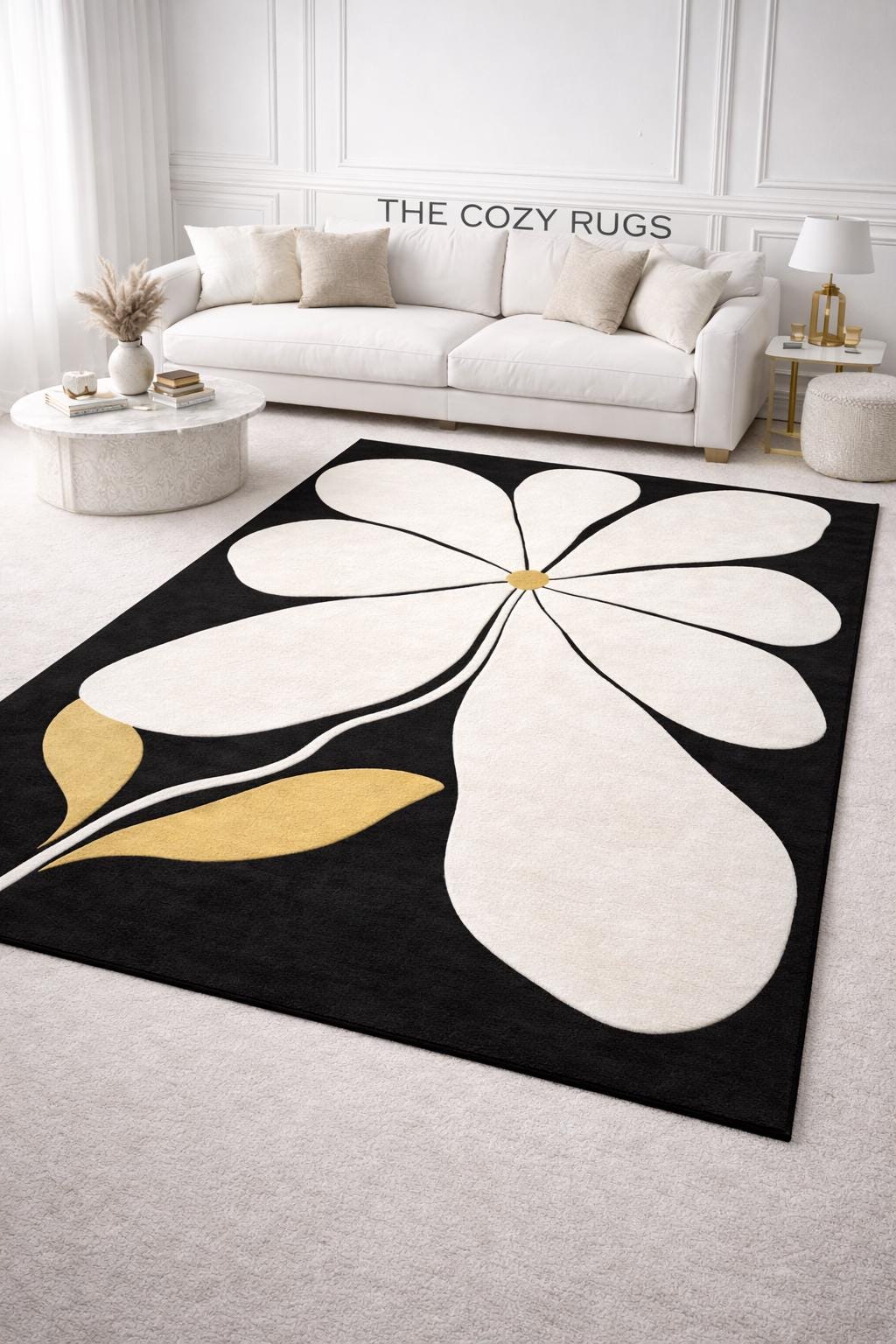 Floral Rug Designer Hand-tufted Black Floral Area Rug – Modern White Flower Designer Carpet ...
