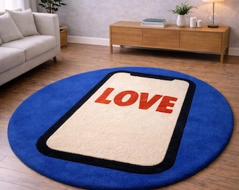 LOVE Phone Tufted Rug | Pop Art Round Area Rug | Modern Graphic Statement Floor Decor