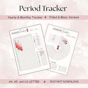 Puede incluir: Dos rastreadores de período imprimibles con el texto "Period Tracker". Uno es un rastreador anual y mensual, y el otro es un rastreador mensual circular. Los rastreadores incluyen espacios para anotar los síntomas y la duración del ciclo. También se ve el texto "A4, A5 and US LETTER".