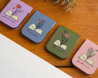 Clip magnétique pour marque-page en cuir, nom et fleur du mois de naissance, porte-page en cuir personnalisé, cadeau pour amoureux des livres, accessoire de lecture, cadeau de fête des mères