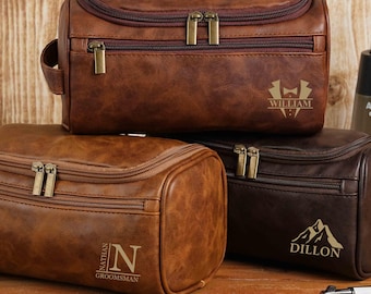 Trousse de toilette personnalisée, trousse Dopp en cuir pour homme, cadeaux de garçons d'honneur, anniversaire ou cadeau d'anniversaire pour lui, trousse de toilette de voyage gravée