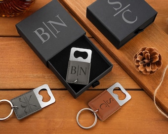 Personalized Leather Bottle Opener Keychain with Box, Engraved Beer Bottle Opener, Groomsmen Gift, Gifts for Men, Gift for Him, Party Favors