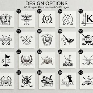 May include: A grid of twenty black and white square graphic designs labeled 21 through 40, featuring personalized golf logos with golf balls, clubs, flags, and names. The header text reads DESIGN OPTIONS 40 Unique Personalized Golf Logos.