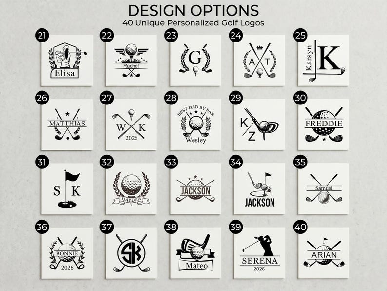 May include: A grid of twenty black and white square graphic designs labeled 21 through 40, featuring personalized golf logos with golf balls, clubs, flags, and names. The header text reads DESIGN OPTIONS 40 Unique Personalized Golf Logos.