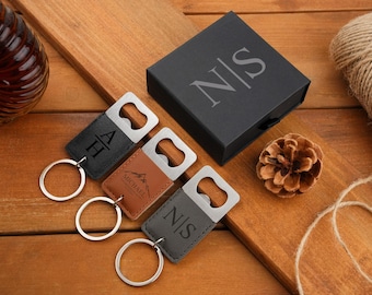 Engraved Beer Bottle Opener with Box, Personalized Leather Bottle Opener Keychain, Groomsmen Gift, Gifts for Men, Gift for Him, Party Favors