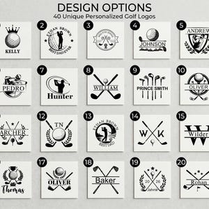 May include: A grid of twenty black and white circular and linear golf-themed logos on square backgrounds, labeled with numbers one through twenty. The text at the top reads DESIGN OPTIONS 40 Unique Personalized Golf Logos, featuring various names.