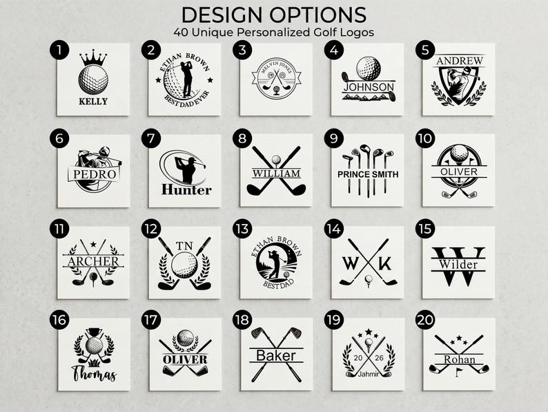 May include: A grid of twenty black and white circular and linear golf-themed logos on square backgrounds, labeled with numbers one through twenty. The text at the top reads DESIGN OPTIONS 40 Unique Personalized Golf Logos, featuring various names.