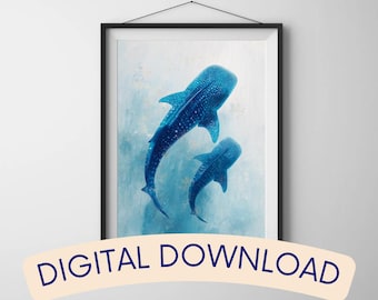 Whale Sharks Watercolor Print | Blue Ocean Marine Life Wall Decor (Digital Download)