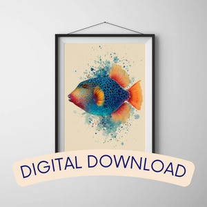 Konsttryck av triggerfisk | Akvarell illustration med tropiskt marint liv (digital nedladdning)