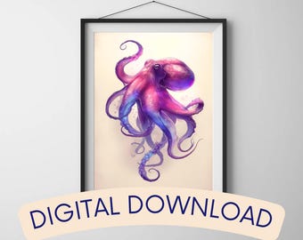 Cosmic Octopus Art Print | Cosmic Sea Creature | Ocean Therapy Wall Decor | Digital Download