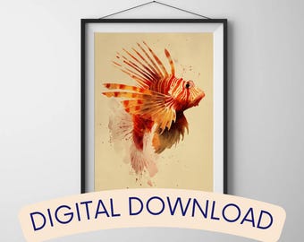 Impresión de acuarela de pez león / Decoración de pared con un vibrante océano / Ilustración de vida marina (Descarga digital)
