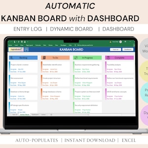 Könnte beinhalten: Ein Laptop mit einem Excel Kanban Board mit Dashboard. Der Bildschirm zeigt Spalten mit den Bezeichnungen Backlog, To Do, In Progress und Complete. Der Text oben lautet "AUTOMATIC KANBAN BOARD with DASHBOARD".