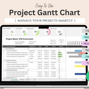 May include: A laptop screen displays a project Gantt chart with progress indicators and task details. The chart includes project completion percentages, task statuses, and a project name. The interface features a clean design with color-coded progress bars and a "Daily View" option.