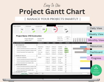 May include: A laptop screen displays a project Gantt chart with progress indicators and task details. The chart includes project completion percentages, task statuses, and a project name. The interface features a clean design with color-coded progress bars and a "Daily View" option.