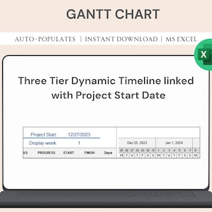 May include: A laptop screen displays a Gantt chart template. The chart is labeled "Three Tier Dynamic Timeline" and includes dates and a progress bar. Text at the top reads "AUTO-POPULATES | INSTANT DOWNLOAD | MS EXCEL". An Excel icon is in the upper right.