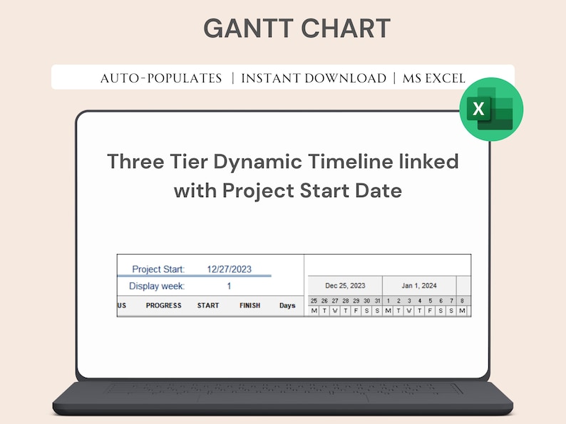 May include: A laptop screen displays a Gantt chart template. The chart is labeled "Three Tier Dynamic Timeline" and includes dates and a progress bar. Text at the top reads "AUTO-POPULATES | INSTANT DOWNLOAD | MS EXCEL". An Excel icon is in the upper right.