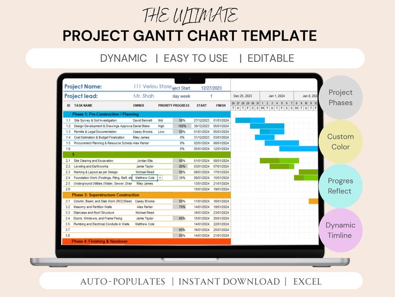 May include: A laptop screen displays a project Gantt chart template. The chart is organized with task names, owners, and progress bars. Text on the screen includes "Dynamic," "Easy to Use," and "Editable." The template is designed for Excel.