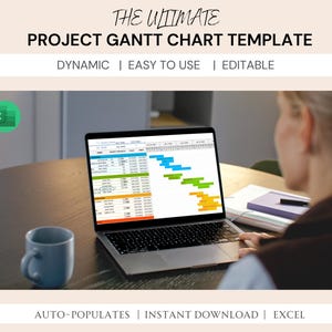 May include: A laptop displaying a project Gantt chart template with color-coded tasks. The text on the image reads "THE ULTIMATE PROJECT GANTT CHART TEMPLATE" and "DYNAMIC | EASY TO USE | EDITABLE". A blue mug sits on the table.